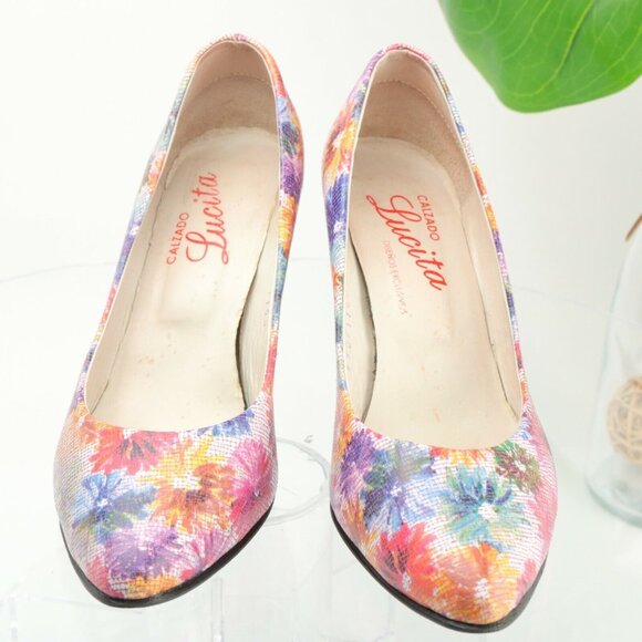 Lucita Women's Pump Size 8 Floral Print Red Blue Leather Pointed Heel Dress Shoe - Picture 2 of 12